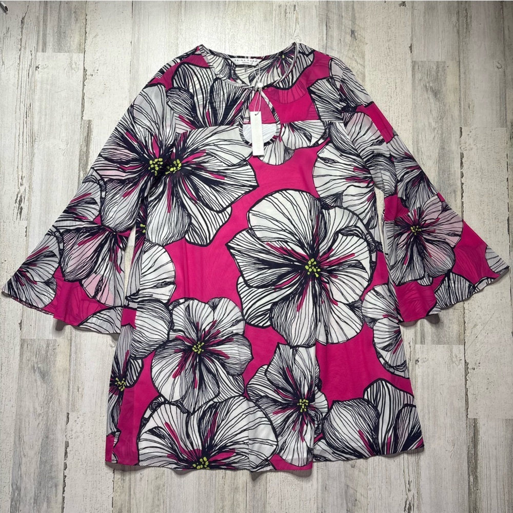 NWT Trina Turk Floral Bell Sleeve Silk Blend Dress Size 10